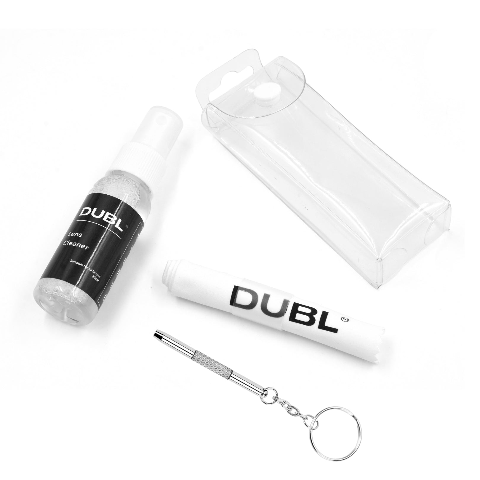 DUBL sunglasses lens cleaning kit with bottle, pen, and keychain on a white background