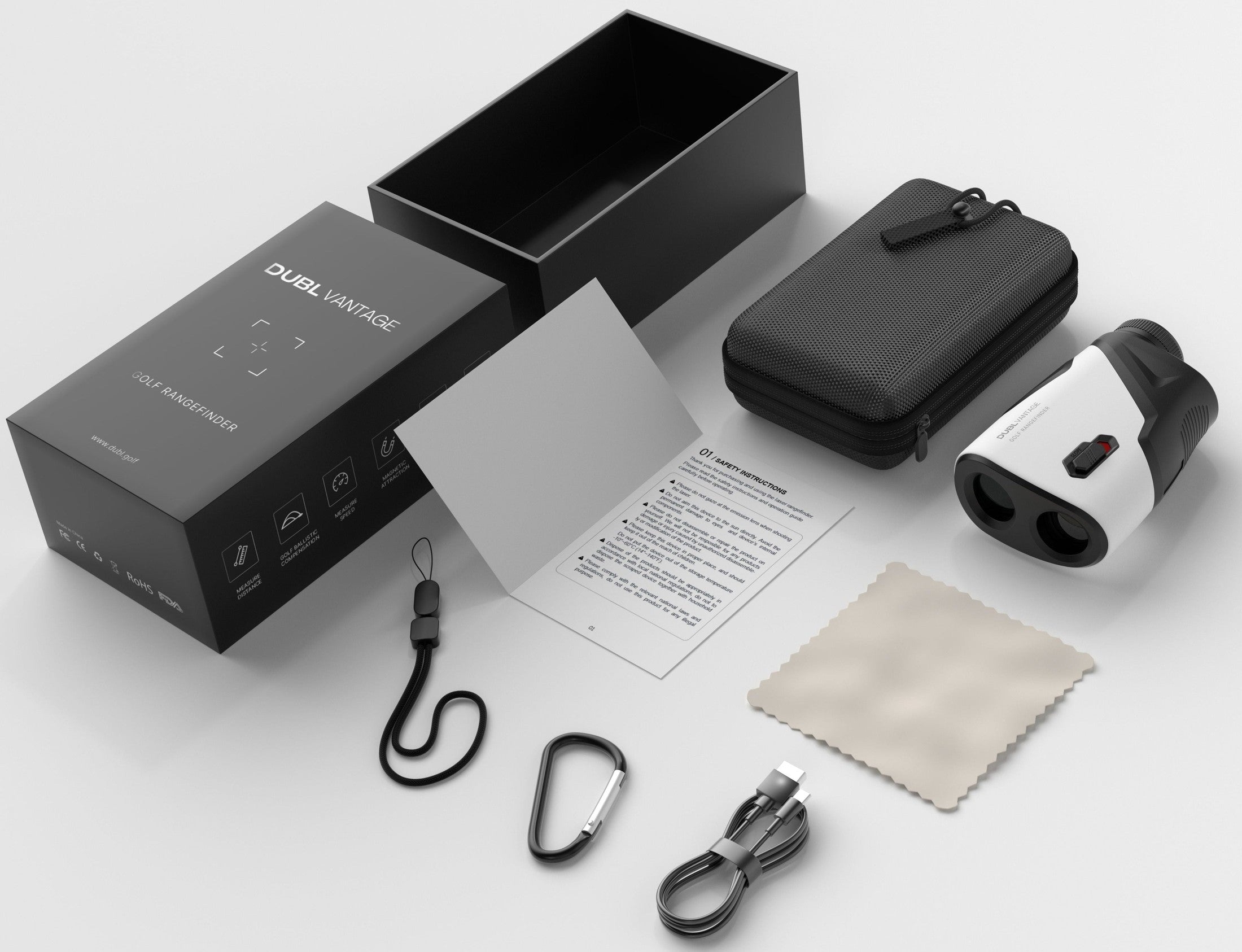 Matte Halo | DUBL Vantage Golf Rangefinder, all accessories white