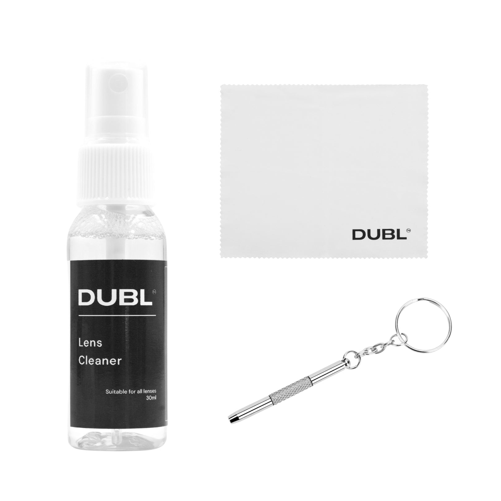 Golf sunglasses lens cleaner with microfibre cloth and screwdriver