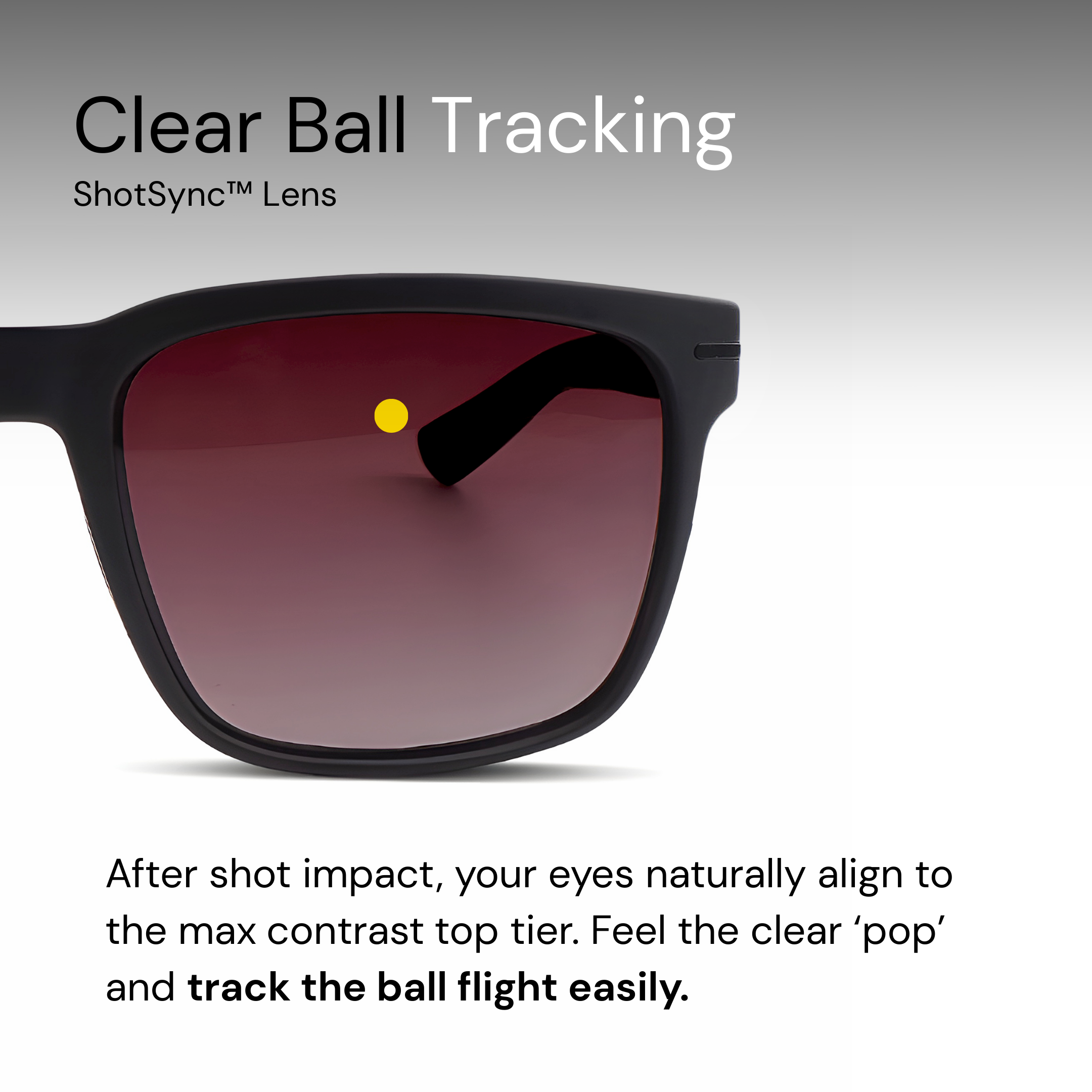 Sunglasses with ShotSync lens technology on a gray background