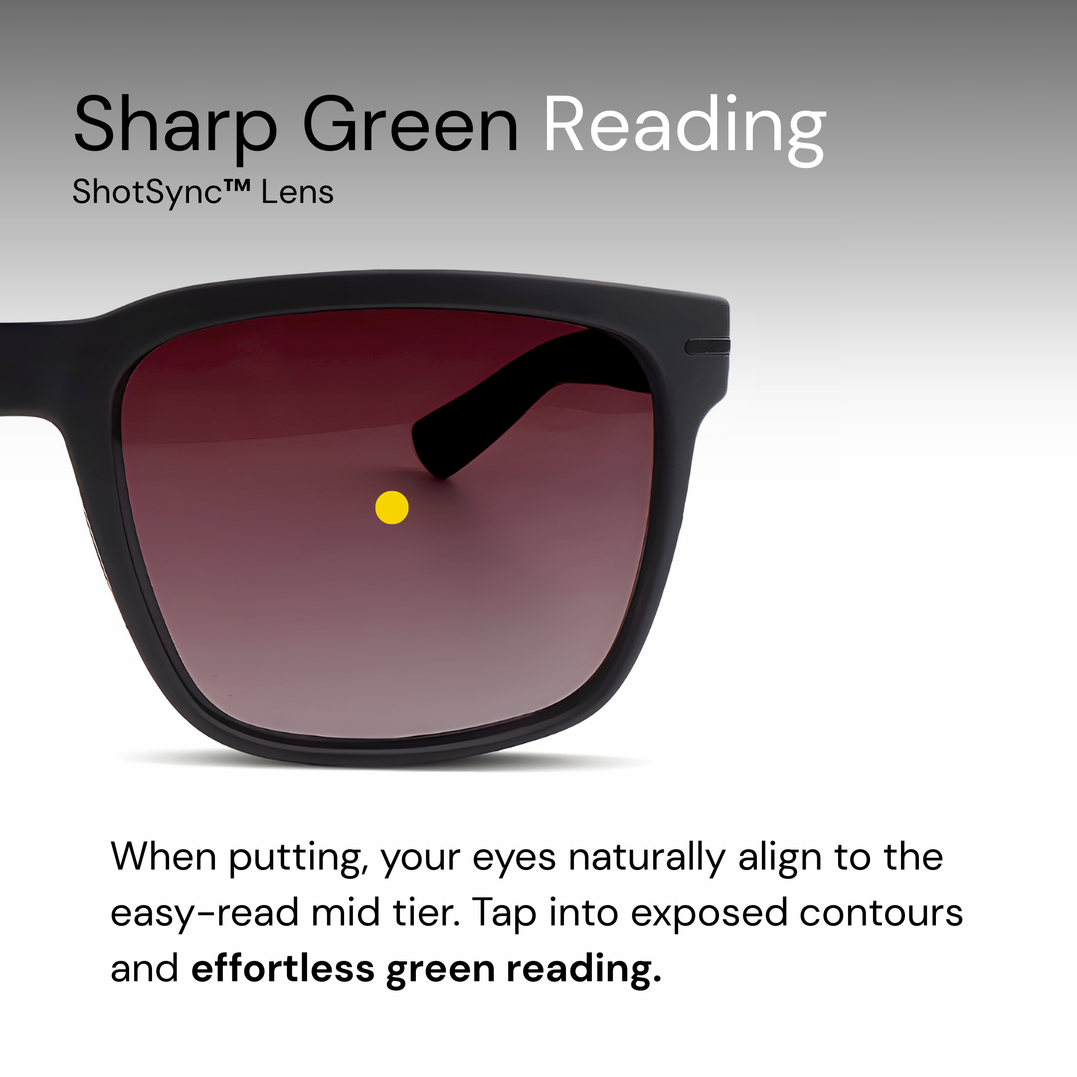 Sunglasses with a focus on the lens labeled 'Sharp Green Reading' on a gray background.