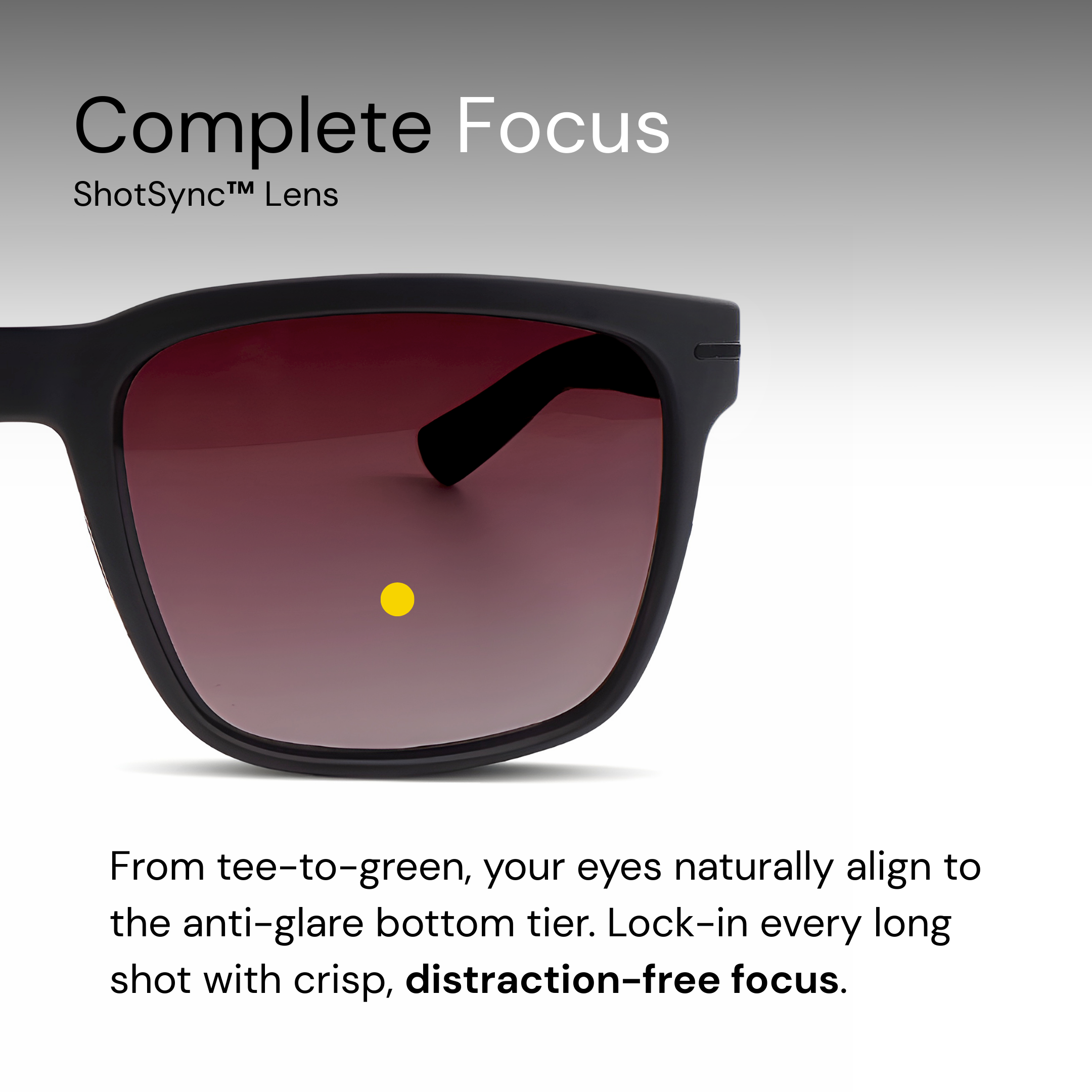 Sunglasses with a focus lens on a gray background, featuring text about ShotSync™ Lens technology.
