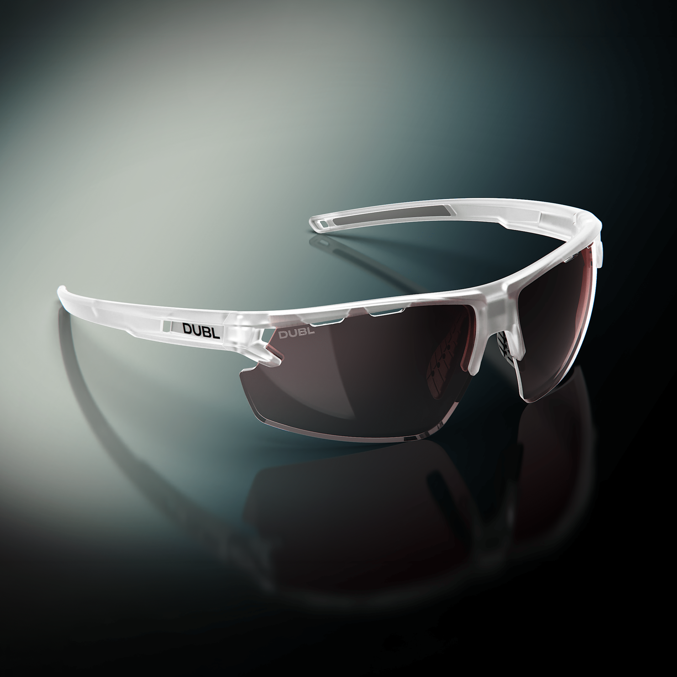 DUBL Helios Golf Sunglasses with a reflective surface on a dark background