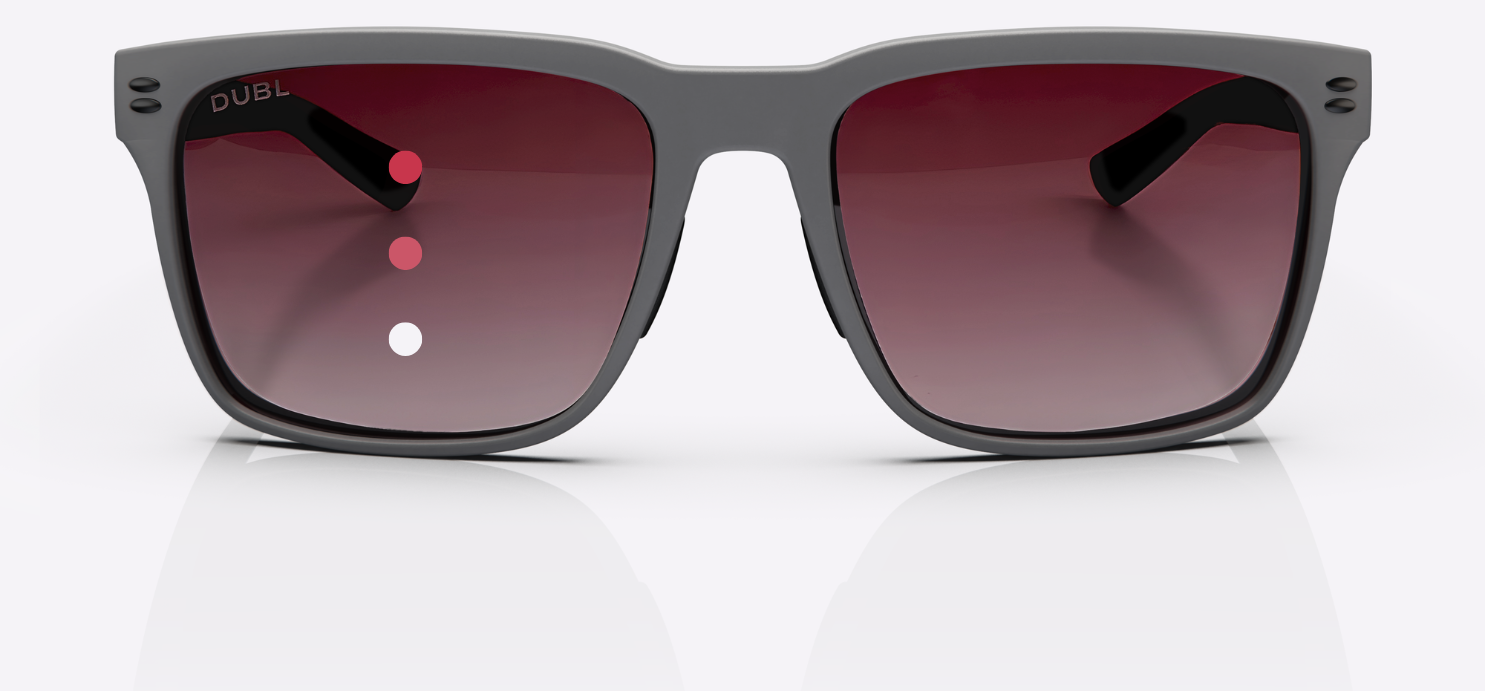 Sunglasses with gray frame and red gradient lenses on a white background