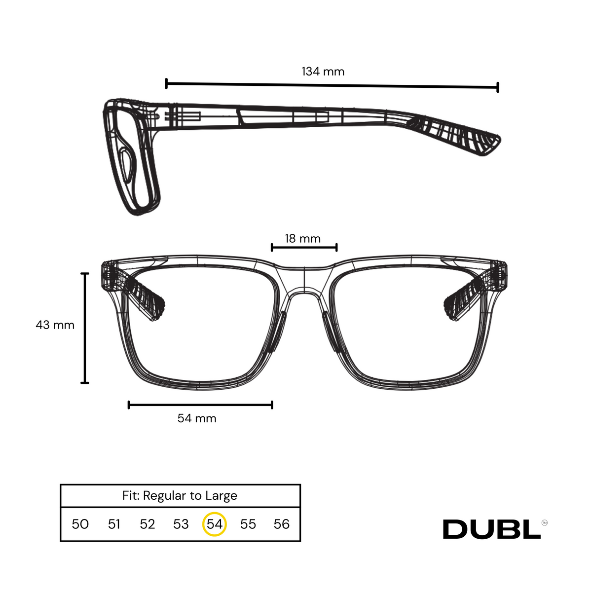 Technical drawing of a pair of glasses with dimensions and DUBL branding.